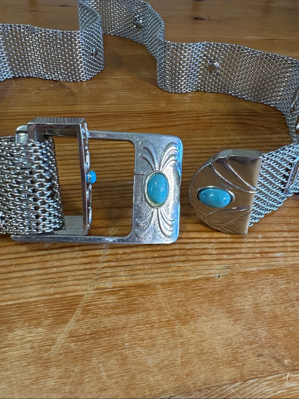 Vintage Silver Mesh Belt with Turquoise Stones Western L XL 34-38 Inch Waist